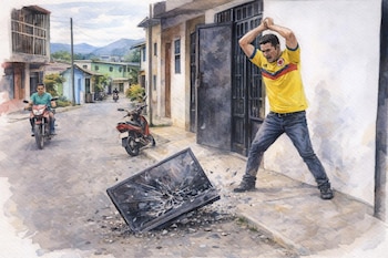 Ilustración acuarela de un hombre con camiseta de Colombia que lanza un televisor roto al suelo en una calle con casas y otras motocicletas.
