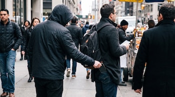 Un hombre con sudadera y capucha saca un teléfono móvil del bolsillo trasero de un hombre con mochila en una acera concurrida con peatones y edificios.