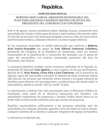 Documento oficial del medio República. con el titular 'Roberto Arzú García-Granados responsable del plan para asesinar a Rodrigo Arenas'