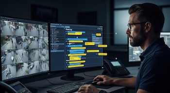 Un hombre con gafas y barba mira pantallas de computadora, una muestra cámaras de seguridad y la otra un chat log con mensajes resaltados.