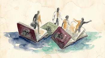 Ilustración en acuarela con pasaportes abiertos sobre el agua de los que salen siluetas de personas con maletín y ropa médica.