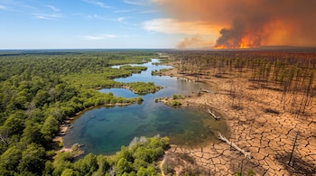 Vista aérea dividida entre un bosque verde con lagunas y un terreno árido con suelo agrietado, árboles secos y un incendio forestal con humo.