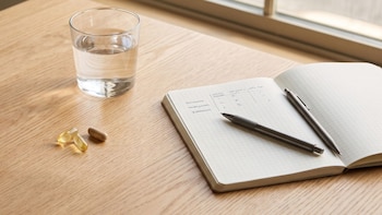 Un vaso de vidrio con agua, tres cápsulas, un cuaderno abierto con texto y dos bolígrafos sobre una mesa de madera
