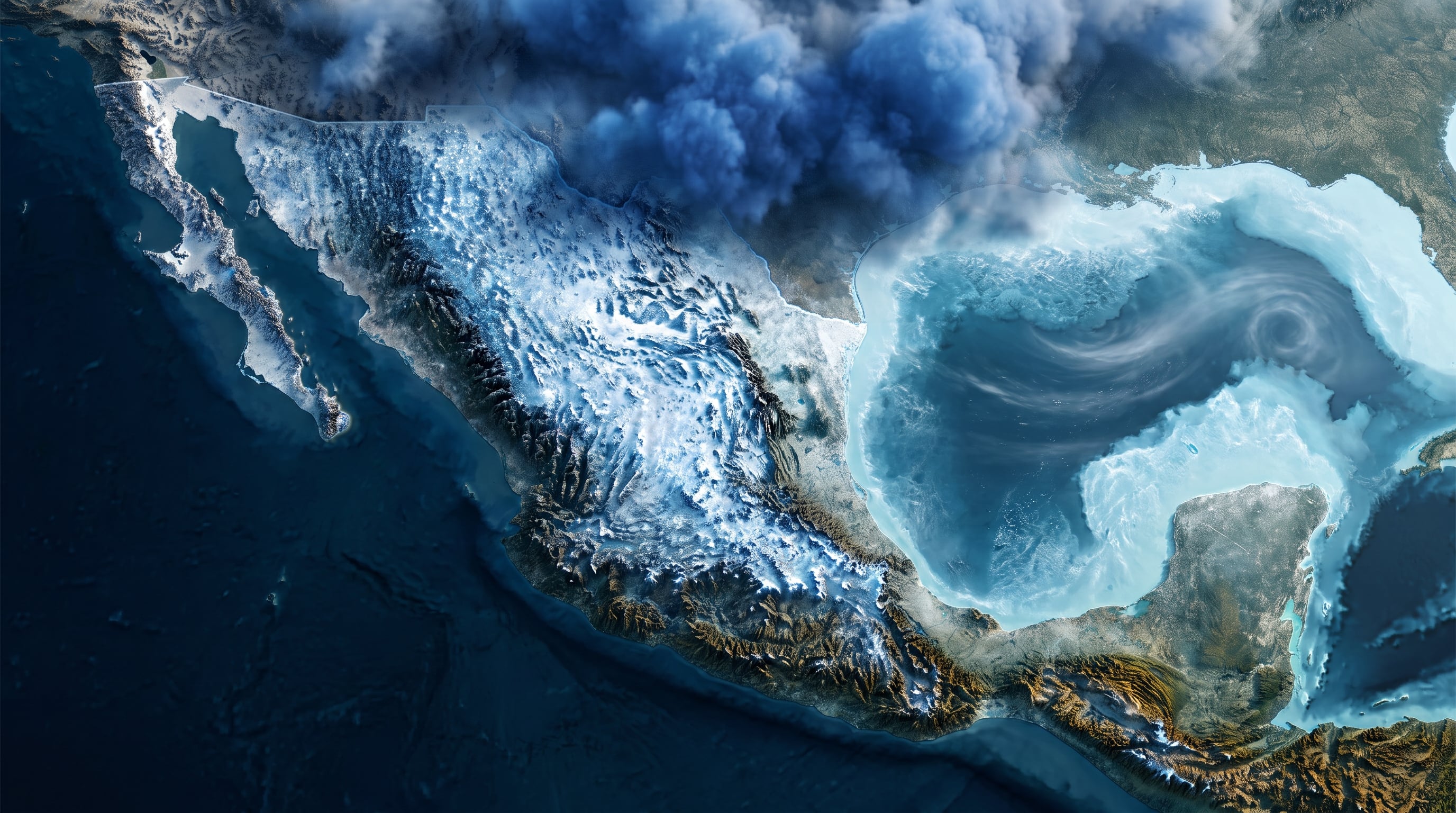 Una representación tridimensional de México ilustra la cobertura de hielo y nubes heladas sobre las regiones del norte y centro del país. (Imagen Ilustrativa Infobae)
