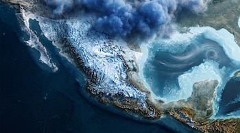 Mapa en relieve de México cubierto parcialmente de nieve y hielo con densas nubes azules sobre el norte y el golfo de México.
