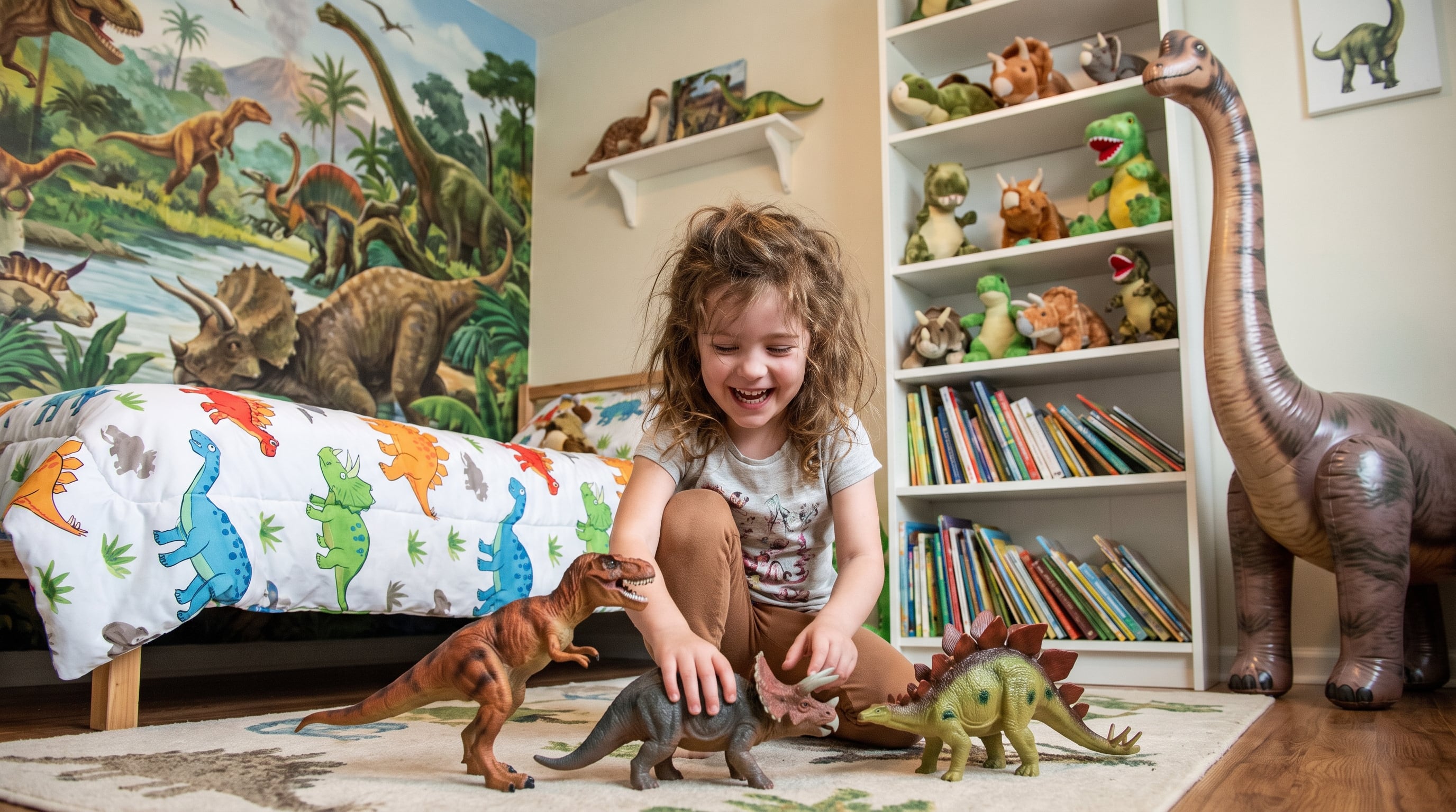 Una niña sonríe mientras manipula juguetes de dinosaurios sobre el suelo de una habitación decorada con murales y peluches de la misma temática. (Imagen Ilustrativa Infobae)