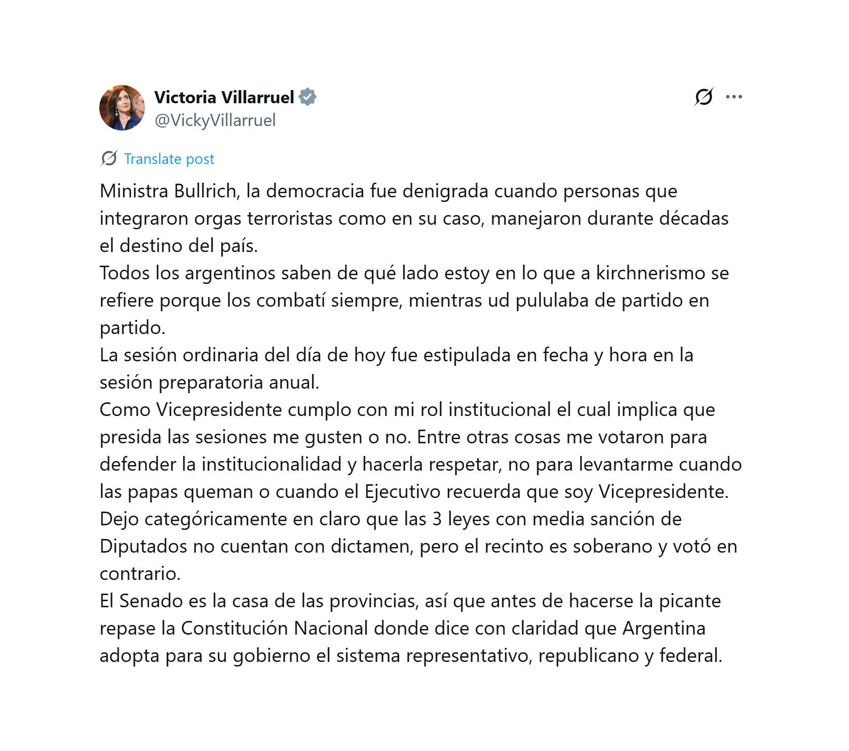 La funcionaria acusó a la ministra de Seguridad de integrar organizaciones terroristas en el pasado.