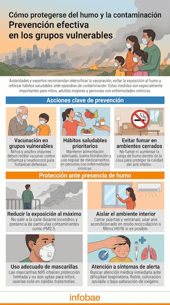 Infografía ilustrada con consejos de protección respiratoria, personas con mascarillas, vacunas, alimentos, ventanas y una mascarilla N95.