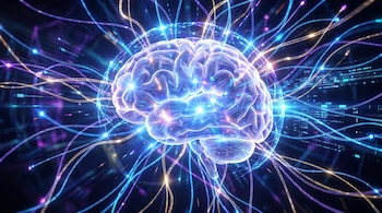 Cerebro humano brillante con luces azules y blancas, rodeado de intrincadas redes neuronales que emiten destellos luminosos sobre un fondo oscuro.