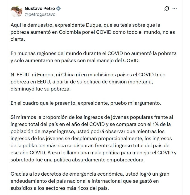 Petro sostuvo que la economía del país dependía de factores externos y defendió cambios en la política productiva - crédito @petrogustavo/X