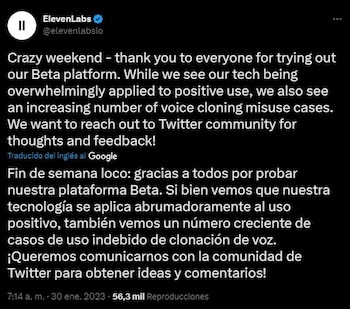 ElevenLabs indica que se ha incrementado el número de casos de uso indebido de su inteligencia artificial de generación de voces sintéticas. (Captura/Twitter)
