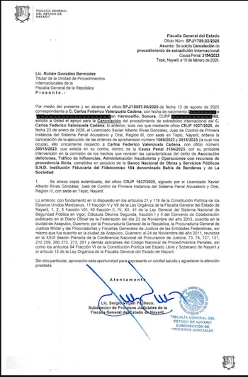 Oficio de cancelación de extradición de empresario