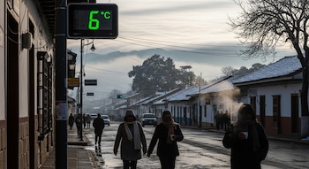Termómetro digital con 6 grados centígrados, personas abrigadas caminando en una calle con tejados escarchados, árboles sin hojas y montañas al fondo.