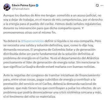 El Gobierno anuncia una sobretasa para los estratos altos en la región Caribe como medida para respaldar financieramente a Air-e - crédito @PalmaEdwin/X