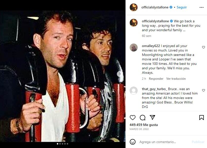 Sylvester Stallone confesó sentirse muy triste por no poder ponerse en contacto con su amigo Bruce WilliesFoto: Instagram/@officialslystallone