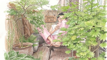 Ilustración en acuarela de una persona sentada entre plantas con un teléfono móvil frente a un cartel de madera con el texto Jardín de Paz.