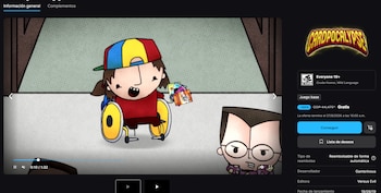 Pantalla de un videojuego que muestra dos personajes animados, uno en silla de ruedas con una gorra multicolor y varias cartas, y otro con gafas