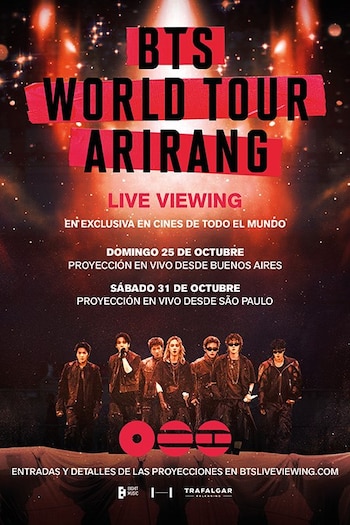 Afiche publicitario de BTS World Tour Arirang Live Viewing con las fechas de transmisión desde Buenos Aires y São Paulo y la imagen del grupo
