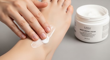 Una mano aplica crema blanca en la planta de un pie. Un frasco de crema hidratante Loos con etiqueta visible se encuentra en un fondo gris claro.