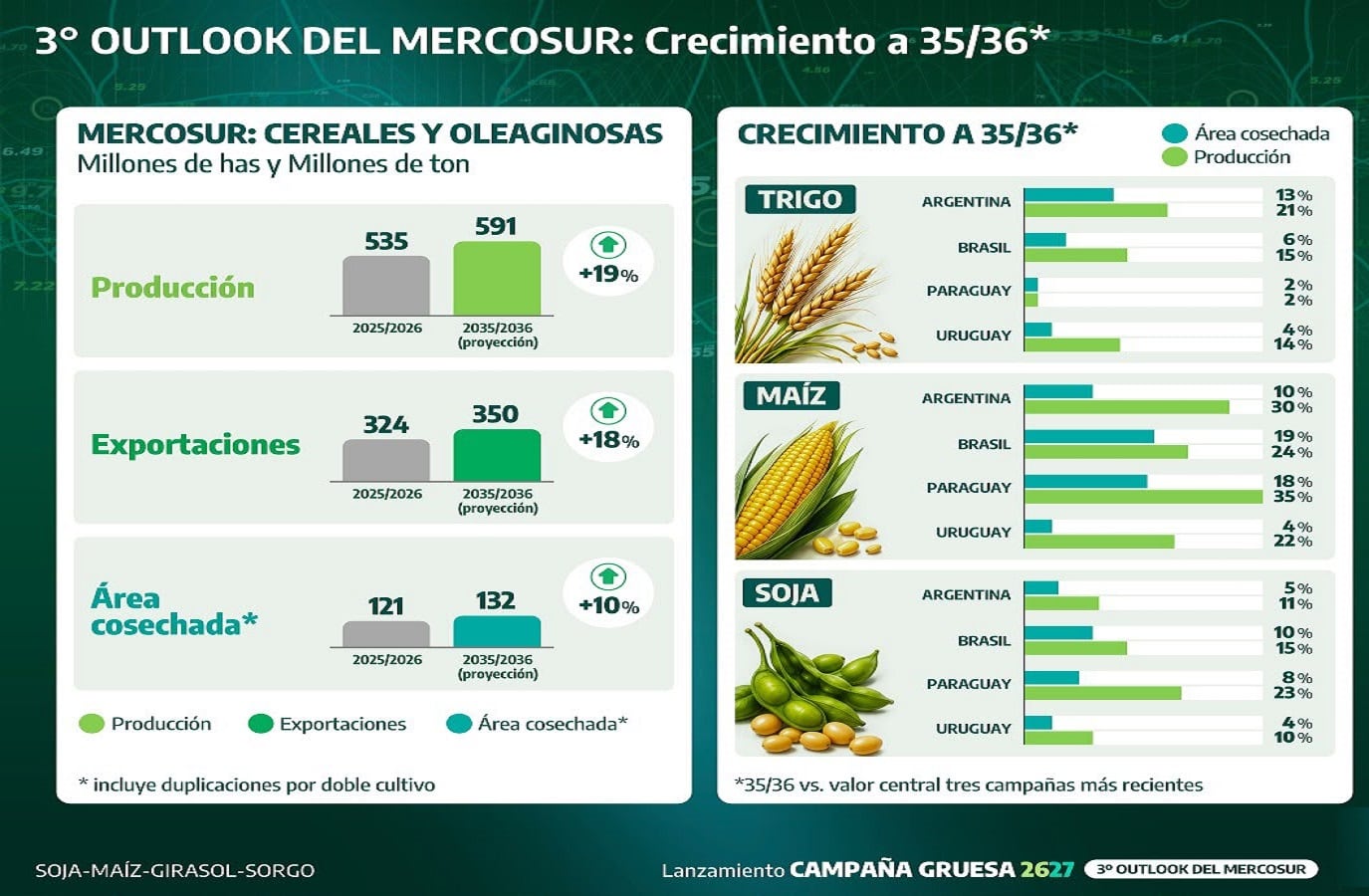El Mercosur proyecta un crecimiento de 18,7% en la producción de cereales y oleaginosas hacia 2036 (BCBA)