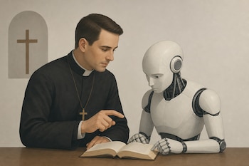 Un sacerdote con sotana lee un libro abierto sobre una mesa junto a un robot blanco, frente a una pared con una cruz en relieve.