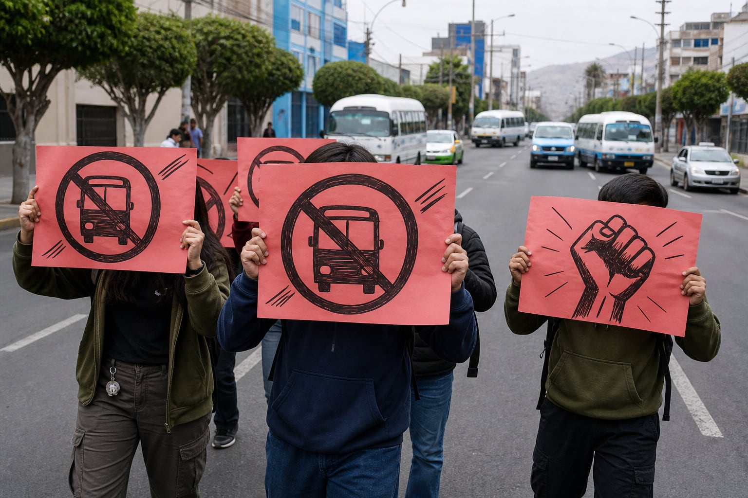 Un grupo de jóvenes marcha por una avenida de Tacna con carteles que reclaman contra la subida de la tarifa del transporte público. (Imagen Ilustrativa Infobae)