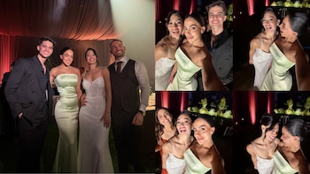 Collage de fotografías que muestran a un grupo de cuatro personas vestidas de gala y varias tomas de dos mujeres y un hombre sonriendo en un evento nocturno