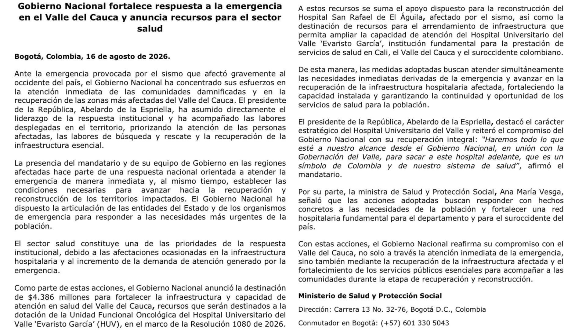 El Ministerio de Salud informó las medidas adoptadas para el Hospital Universitario del Valle y el Hospital San Rafael de El Águila tras la emergencia. - crédito @MinSaludCol/X