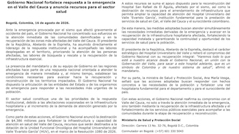 El Ministerio de Salud informó las medidas adoptadas para el Hospital Universitario del Valle y el Hospital San Rafael de El Águila tras la emergencia. - crédito @MinSaludCol/X