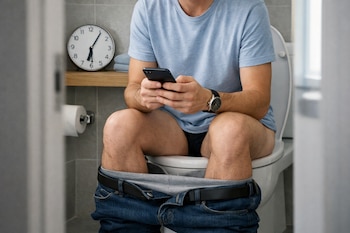 Persona sentada en inodoro de baño moderno, pantalones bajados a las rodillas, con teléfono móvil. Reloj de mesa en estante, papel higiénico en pared.