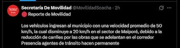 La Secretaría de Movilidad de Soacha informó sobre la reducción de velocidad en la Autopista Sur por las obras en Maiporé y aseguró que había presencia permanente de agentes de tránsito - crédito Secretaría de Movilidad