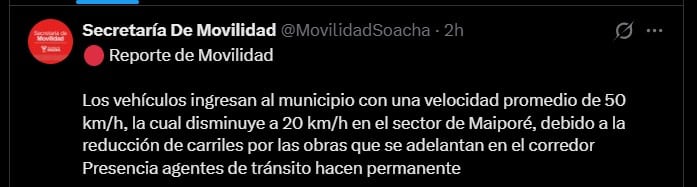 La Secretaría de Movilidad de Soacha informó sobre la reducción de velocidad en la Autopista Sur por las obras en Maiporé y aseguró que había presencia permanente de agentes de tránsito - crédito Secretaría de Movilidad