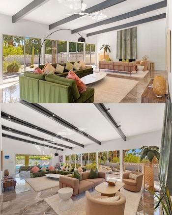 Dos ángulos de una sala con sofás, mesas bajas, alfombras, vigas oscuras en el techo y ventanales con vista a un patio con plantas y piscina