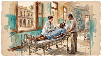 Acuarela de un paciente en una camilla de hospital junto a una médica y un hombre, cerca de una ventana con vista a edificios coloniales.