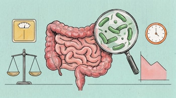 Ilustración de un intestino, con una lupa mostrando bacterias. Incluye una báscula, balanza, reloj y un gráfico de descenso, todo sobre fondo aguamarina.