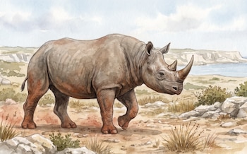 Ilustración en acuarela de un rinoceronte de perfil sobre un suelo rocoso con arbustos y colinas al fondo