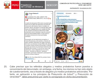 Indecopi también citó una publicación de Prensa Chalaca que reportó que al menos 80 personas, entre adultos y menores, habrían sido afectadas tras consumir alimentos del establecimiento.