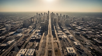 Vista aérea de una ciudad con rascacielos, edificios, y múltiples líneas de transmisión eléctrica que convergen, bajo un sol intenso y un cielo difuso.