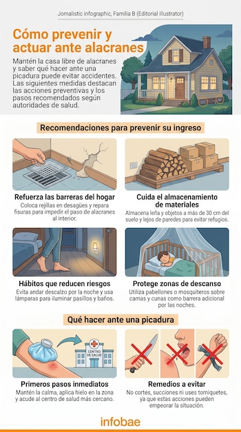 Infografía ilustrada sobre prevención de alacranes: sellado de grietas, almacenamiento de materiales, hábitos seguros. Muestra primeros auxilios tras picadura.