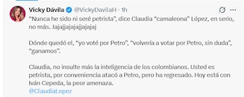 La periodista la calificó de “camaleónica” y la vinculó con el petrismo, al recordar posturas anteriores en las que la exmandataria se distanciaba del senador y del presidente Gustavo Petro - crédito Vicky Dávila/ X
