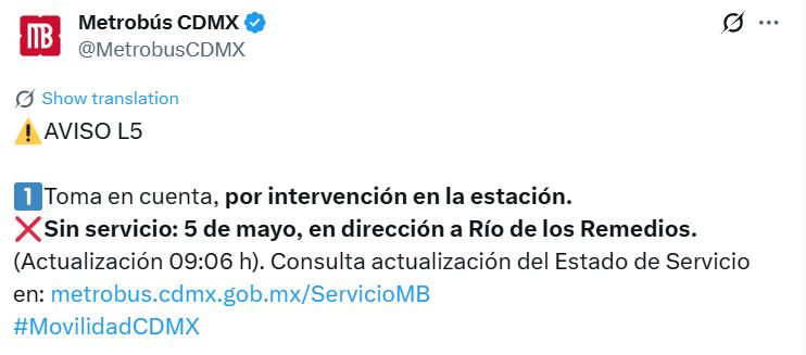 Avance en tiempo real de la red de transporte público capitalino. (TW MB CDMX)