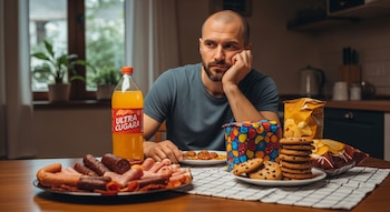 Hombre con camiseta gris sentado a la mesa con botella de bebida naranja, bolsa de patatas, caja de dulces, plato con galletas y bandeja de embutidos.