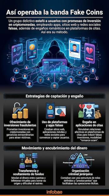 Infografía que ilustra el modus operandi de la banda Fake Coins: un ciberdelincuente frente a pantallas con gráficos, apps falsas, perfiles de citas y esquemas de dinero.