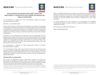 La Fiscalía General de la Nación coordinó la captura de ocho personas solicitadas en extradición por Estados Unidos en cuatro municipios de Colombia - crédito prensa Fiscalía General de la Nación
