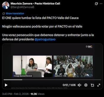 Mauricio Zamora afirmó que hay persecución tras revocatoria de lista del Pacto en Valle del Cauca - crédito @SergioMZamoraB