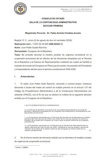El alto tribunal sostuvo que la determinación de cambiar el lugar del acto oficial de inicio de gobierno del próximo jefe de Estado fue formalizada en el Legislativo - crédito Consejo de Estado