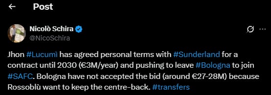El especialista en la actualidad de los fichajes también habló sobre la oferta del Sunderland por Jhon Lucumí-crédito @NicoSchira/X
