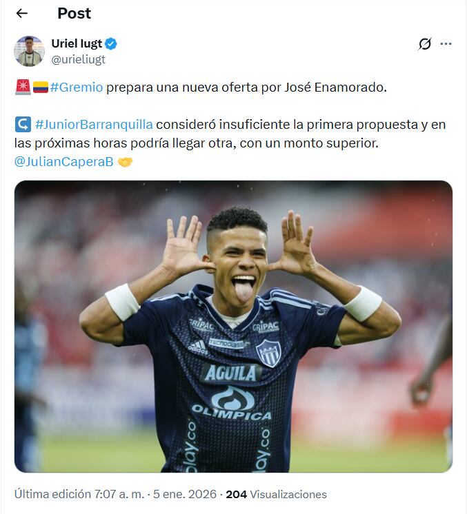Post sobre las negociaciones entre Junior y Gremio por José Enamorado - crédito X