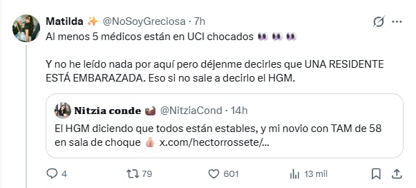 Publicaciones en la red social X señalan que varios médicos residentes del Hospital General de México se encuentran en estado grave tras un brote de salmonelosis. (X)