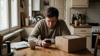 Primer plano de un hombre joven sentado en una mesa de cocina, mirando su smartphone con expresión neutra. A su lado hay una caja de cartón sin abrir, una taza de café y un periódico.